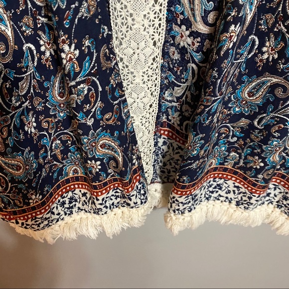 Navy Paisley Fringe Hem Boho Kimono - Picture 4 of 7